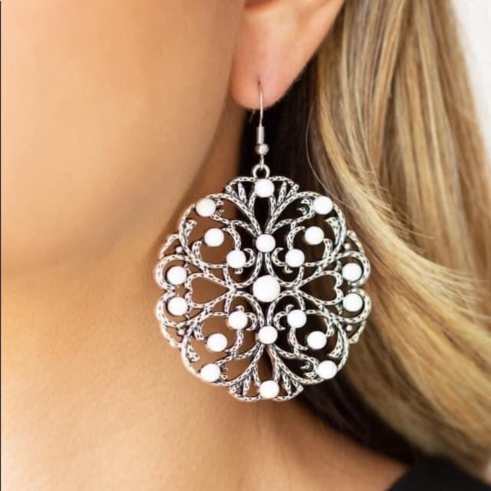 Silver and white earrings